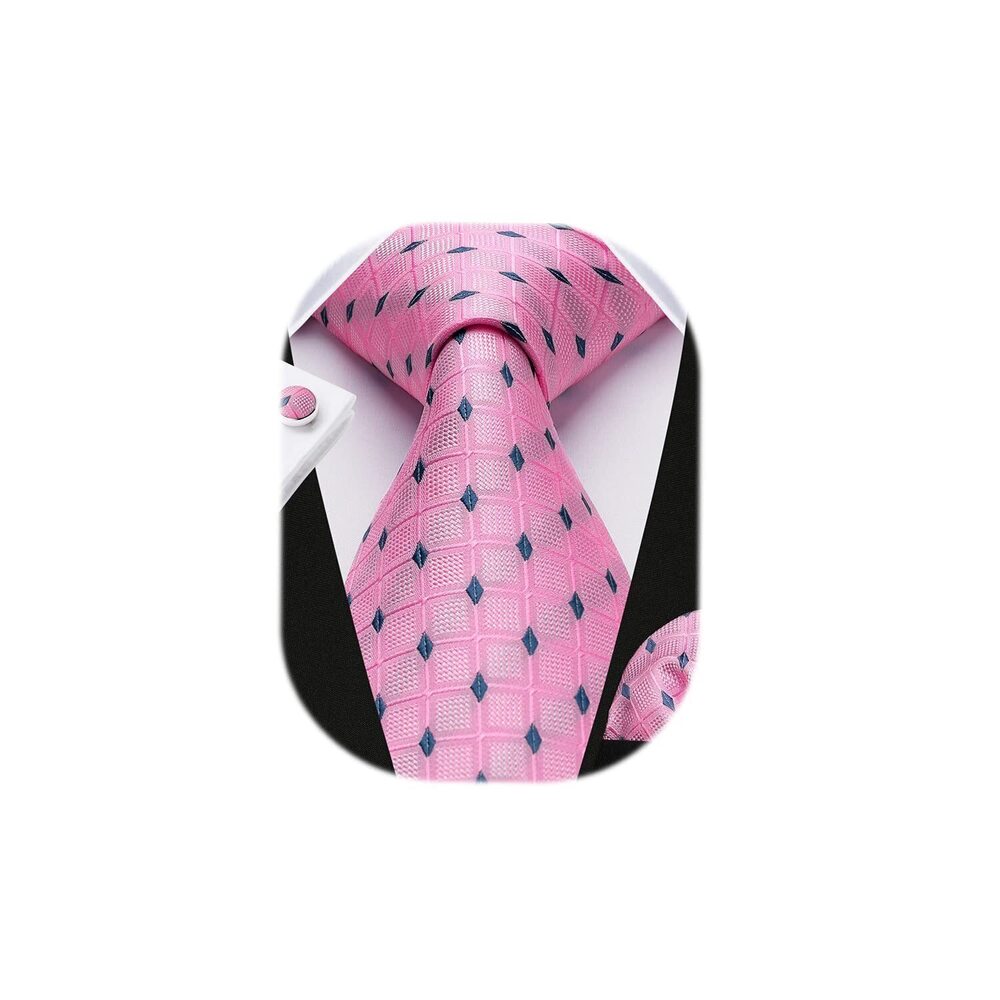 9498 Pink Ties Plaid 's Silk Tie and Pocket Square Cufflinks Set Classic
